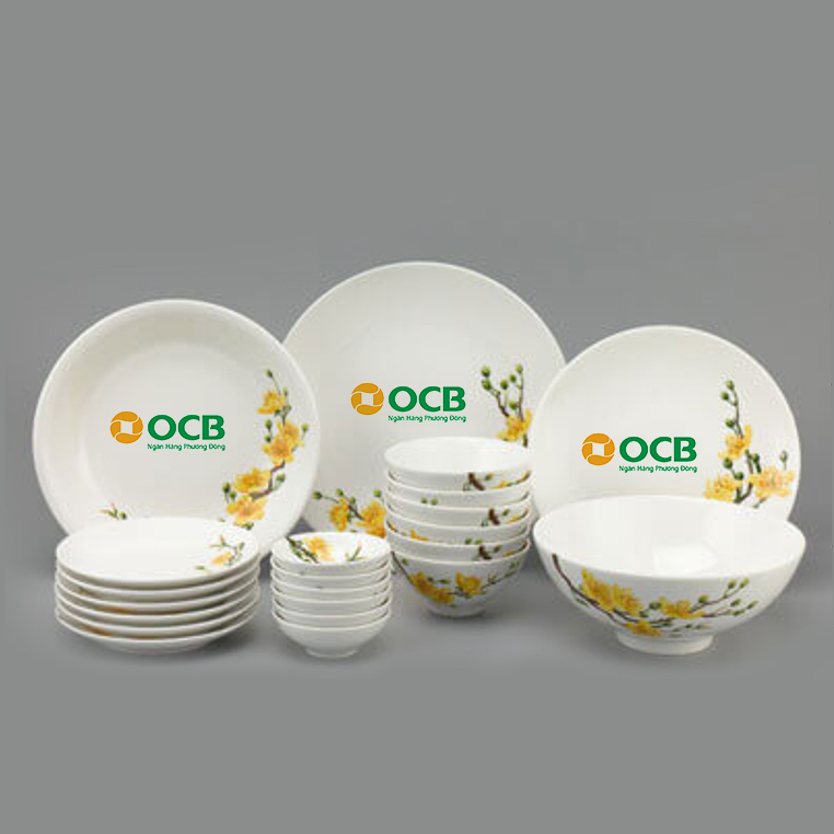 Bộ Bát Đĩa Hoa Mai Vàng in logo OCB BỘ BÁT ĐĨA HOA MAI VÀNG