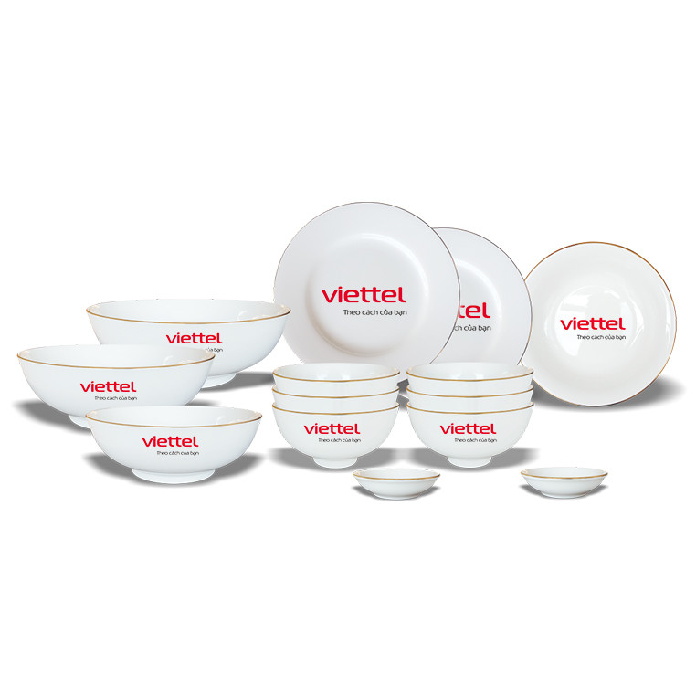 Bộ Bát Đĩa Trơn Viền chỉ Vàng in logo Viettel Bộ Bát Đĩa Trơn Viền chỉ Vàng in logo Viettel
