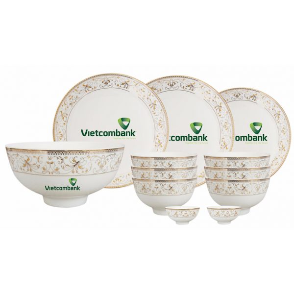 Bộ Bát Đĩa Hoa Văn Viền Vàng