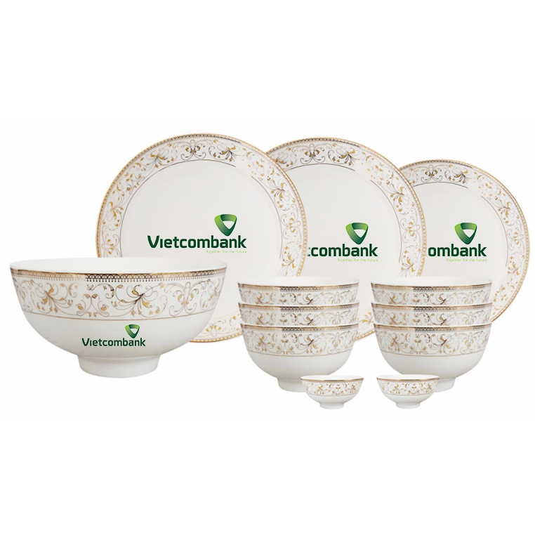 Bộ Bát Đĩa Hoa Văn Viền Vàng logo Vietcombank Bộ Bát Đĩa Hoa Văn Viền Vàng