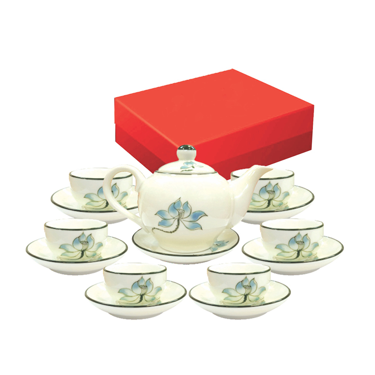 Bộ trà đào vẽ hoa sen xanh cao cấp Bộ trà đào vẽ hoa sen xanh